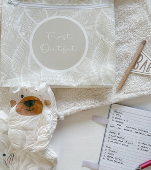 Hospital bag organiser pouches, beige leaf, First Outfit pouch with a nappy, hospital bag checklist notebook and pen