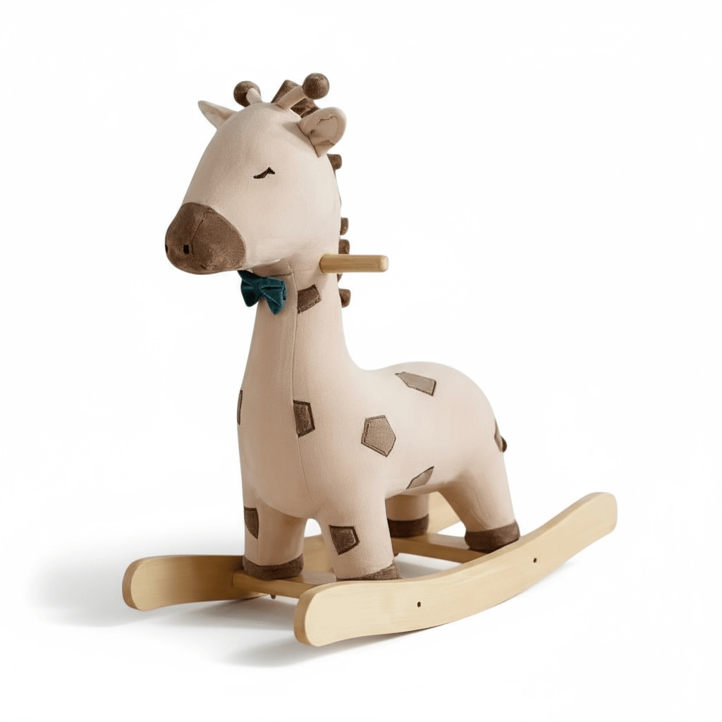 Freddie the Giraffe Rocker seen from the front left on a white background, showing the bow tie, spots and wooden rockers