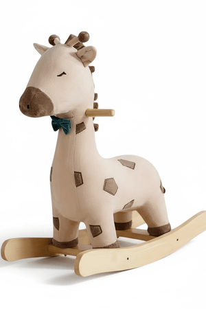 Freddie the Giraffe Rocker seen from the front left on a white background, showing the bow tie, spots and wooden rockers