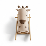 Freddie the Giraffe Rocker seen from directly above and in front, showing the face, horns, wooden handle and curved rockers