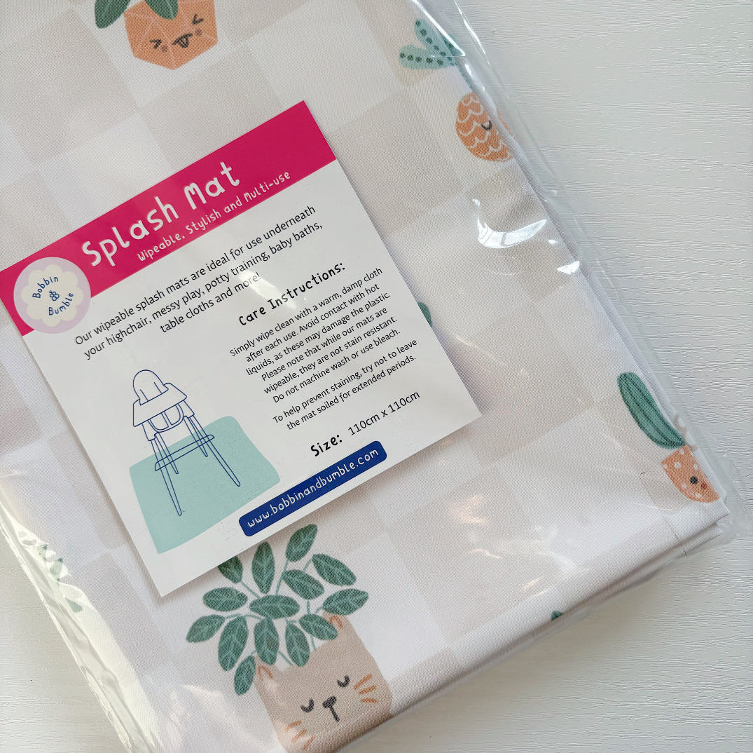 Splash Mat, Pot Plants: folded in clear packaging with a care instructions card, size 110cm x 110cm