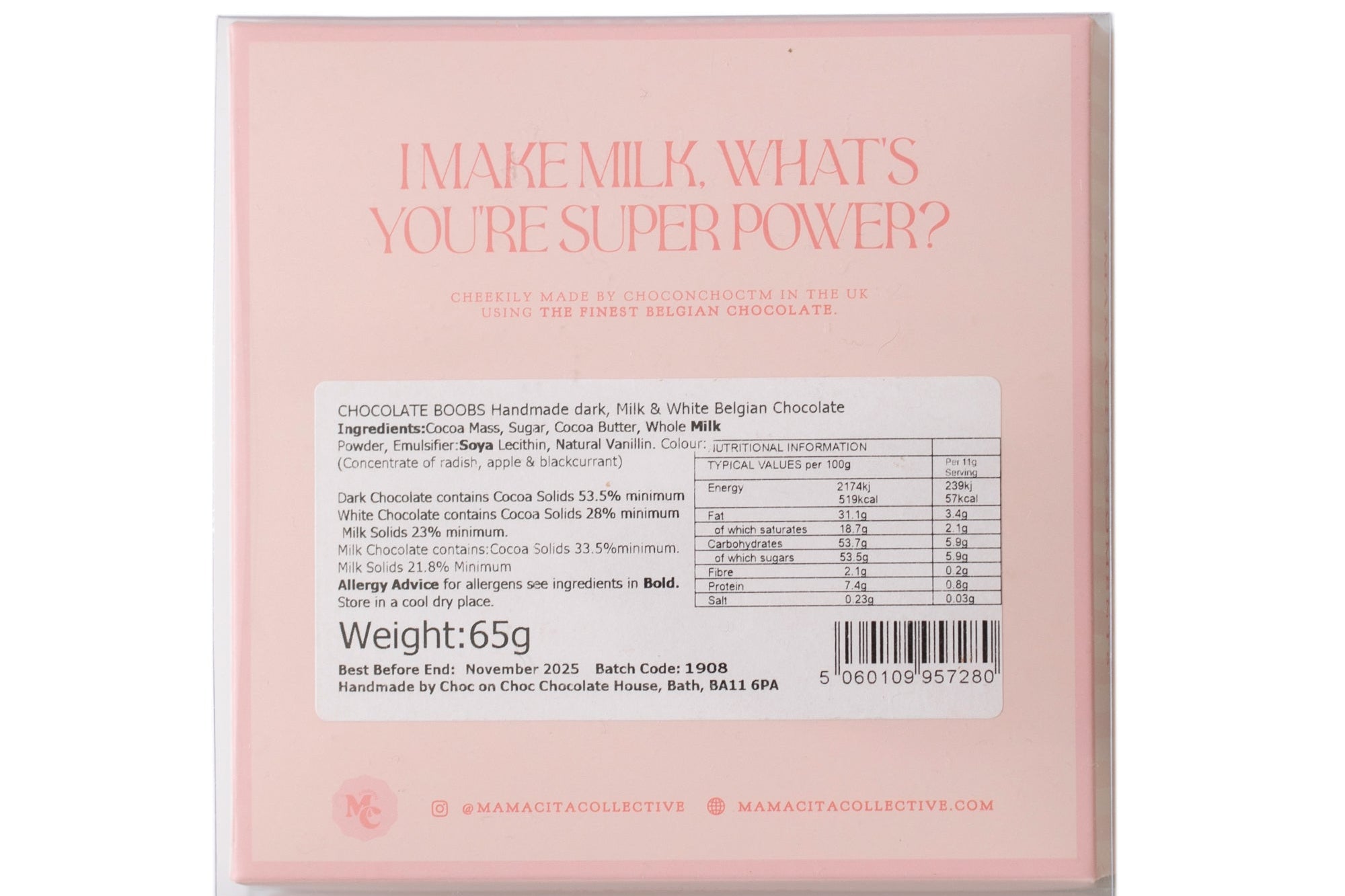 The back of a light pink packaged chocolate product on a white background, featuring the text 'MAKE MILK WHAT'S YOU'RE FOR POWER?' and product details including weight and a barcode.
