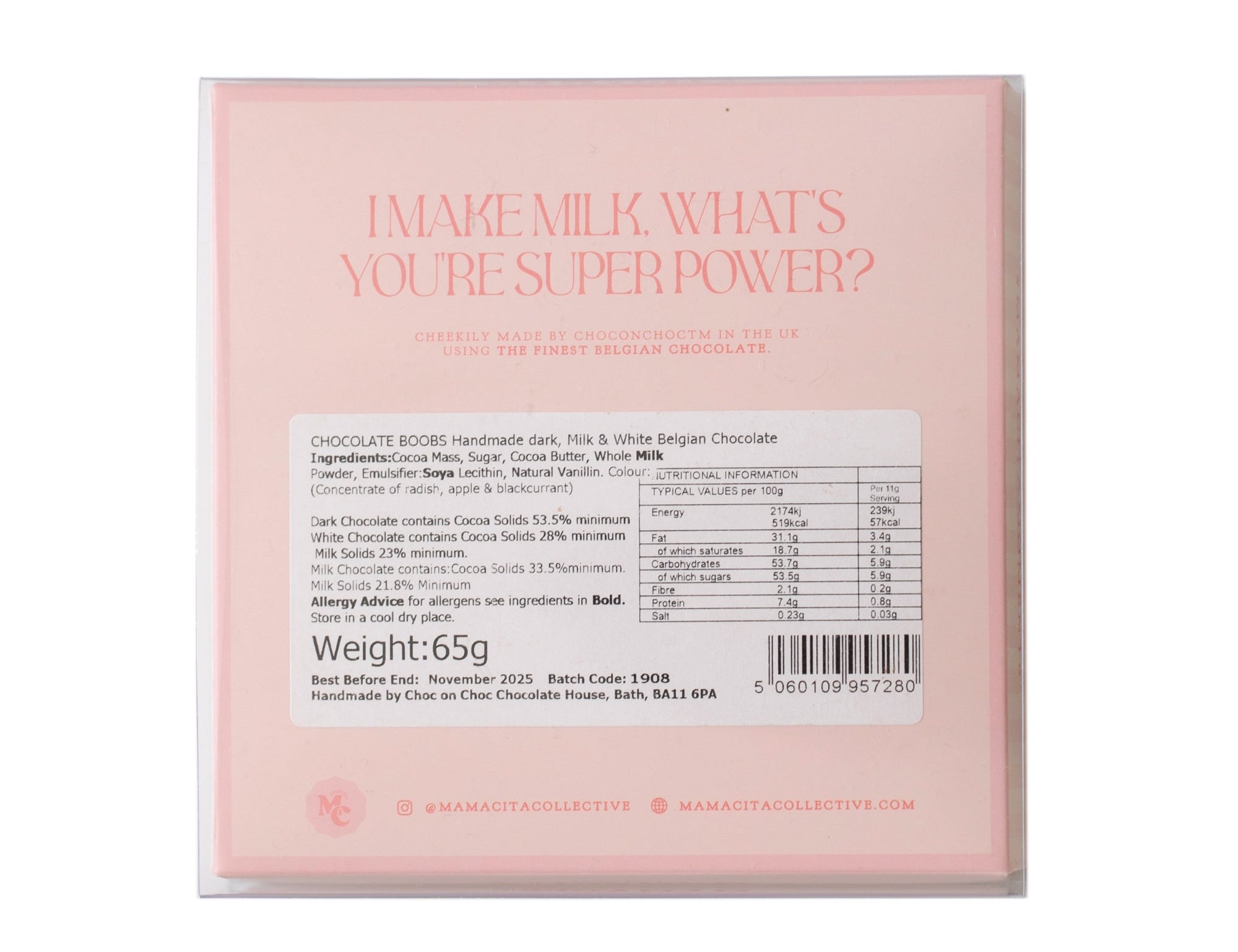 The back of a light pink packaged chocolate product on a white background, featuring the text 'MAKE MILK WHAT'S YOU'RE FOR POWER?' and product details including weight and a barcode.