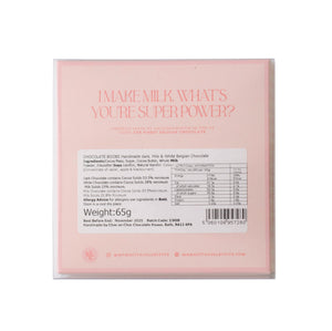 The back of a light pink packaged chocolate product on a white background, featuring the text 'MAKE MILK WHAT'S YOU'RE FOR POWER?' and product details including weight and a barcode.