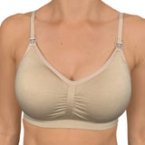 Beige bra worn by a model on a white background