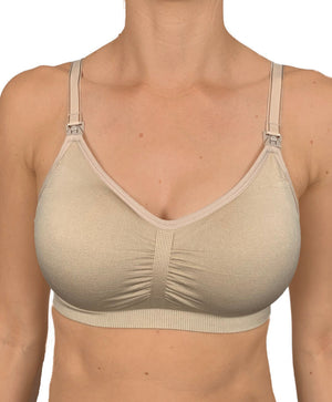 Beige bra worn by a model on a white background