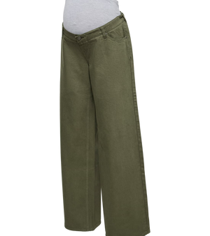 Green maternity jeans with grey jersey belly band