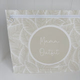 Hospital bag organiser pouches, beige leaf, front of the Mama Outfit pouch with white zip and Bobbin and Bumble label