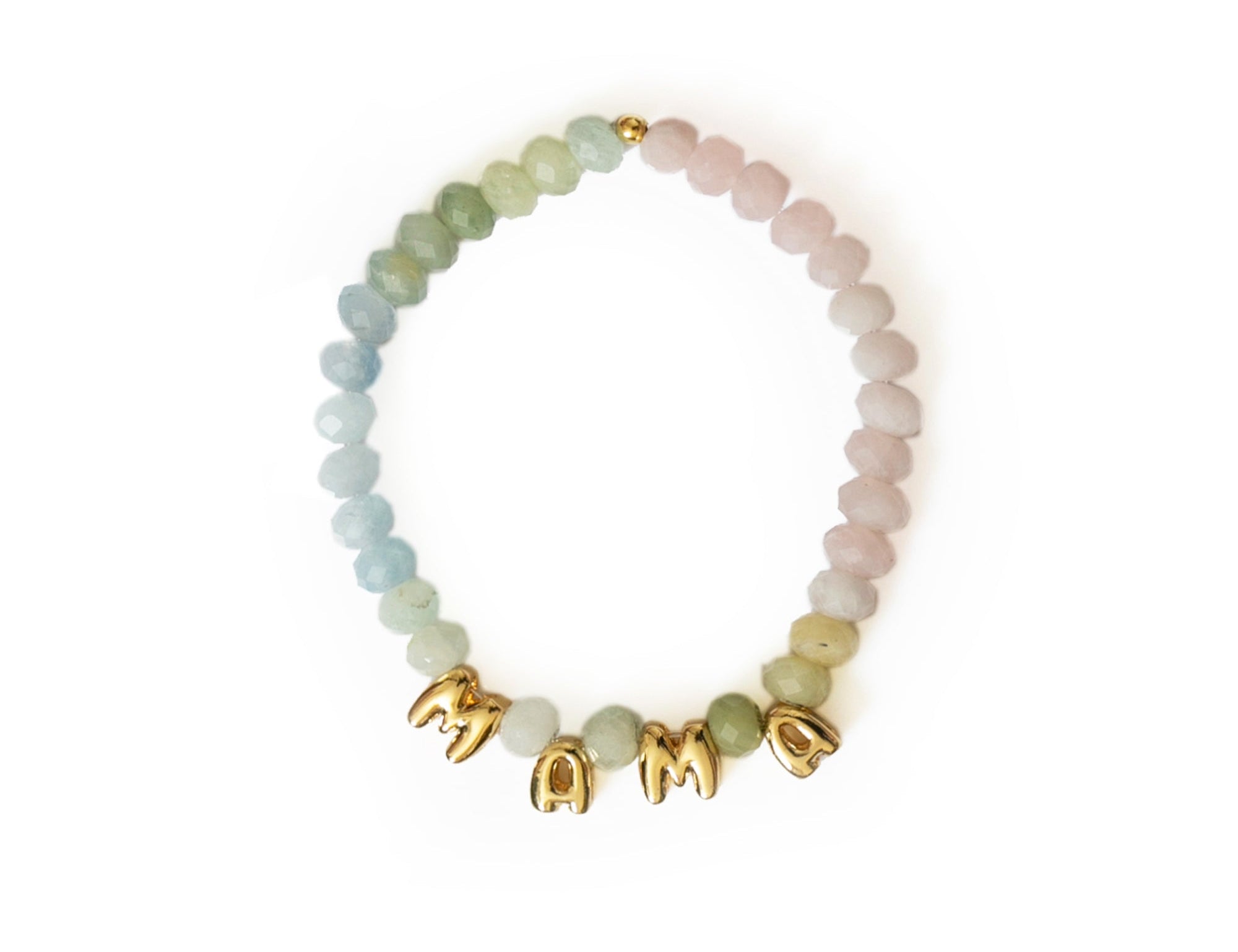 A beaded stretch bracelet featuring pastel green, light blue, and pale pink stones with gold letter charms spelling 'MAMA' on a white background.