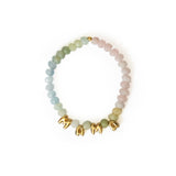 A beaded stretch bracelet featuring pastel green, light blue, and pale pink stones with gold letter charms spelling 'MAMA' on a white background.
