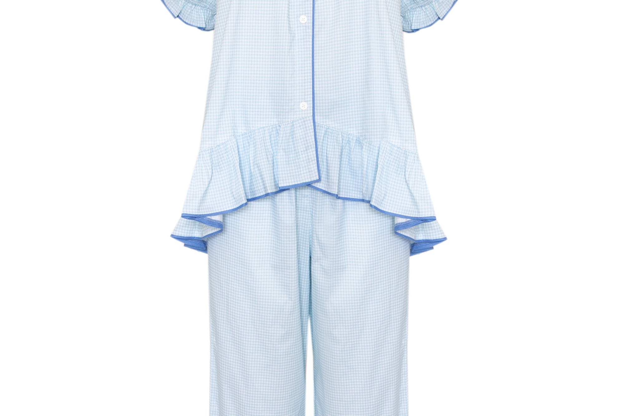 A light blue two-piece pajama set featuring a short-sleeve button-front top with ruffle details and matching wide-leg pants with ruffle hems, shown on a plain white background.