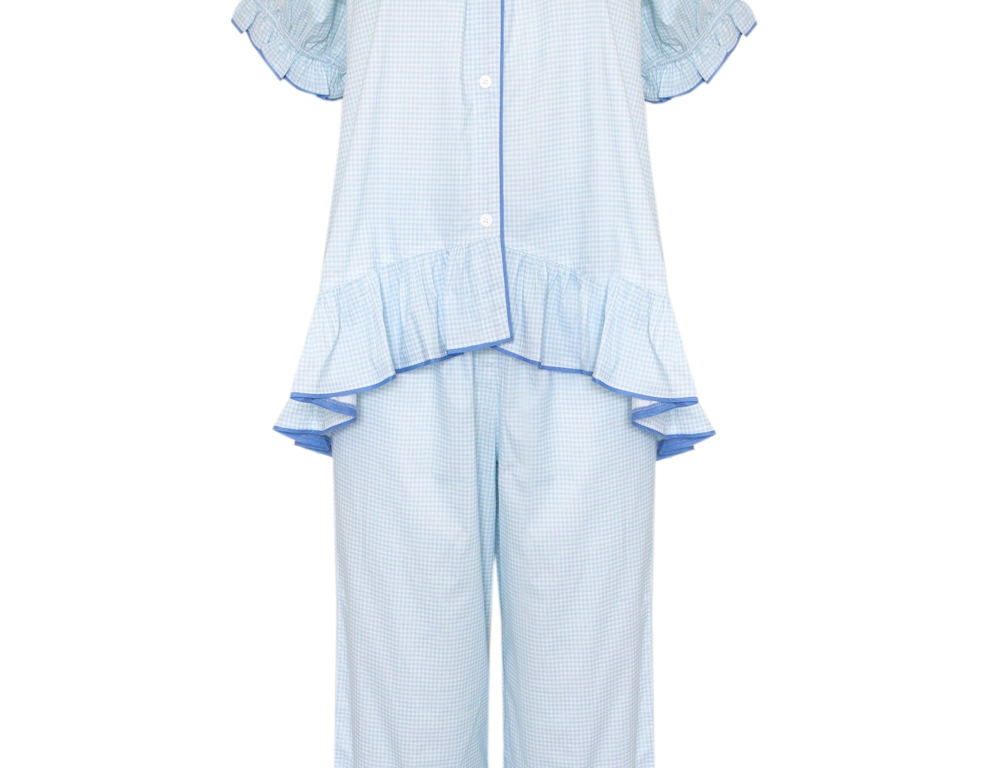 A light blue two-piece pajama set featuring a short-sleeve button-front top with ruffle details and matching wide-leg pants with ruffle hems, shown on a plain white background.