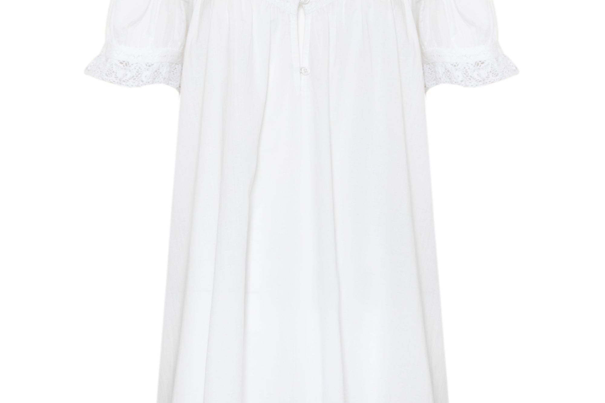 A white short-sleeve nightgown with delicate lace trim on the sleeves, neckline, and hem, displayed against a solid white background.