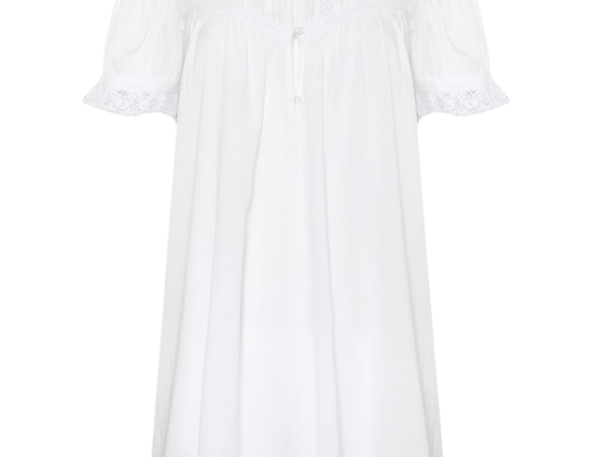A white short-sleeve nightgown with delicate lace trim on the sleeves, neckline, and hem, displayed against a solid white background.