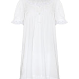 A white short-sleeve nightgown with delicate lace trim on the sleeves, neckline, and hem, displayed against a solid white background.