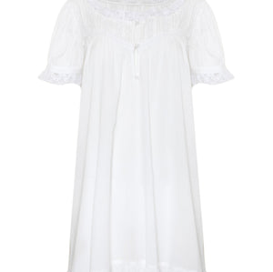A white short-sleeve nightgown with delicate lace trim on the sleeves, neckline, and hem, displayed against a solid white background.