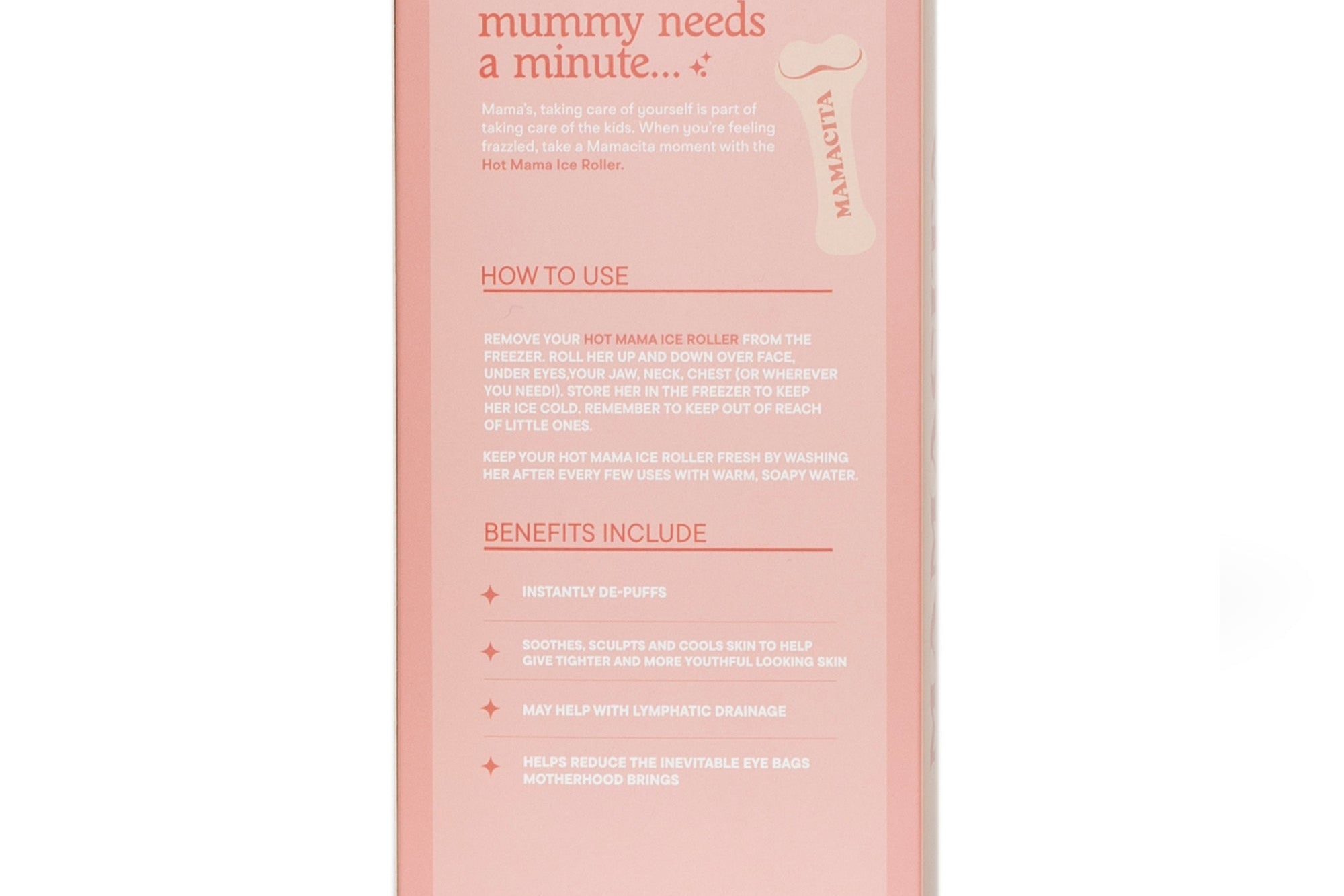 The back of a pink rectangular product box with printed text, photographed on a clean white background.