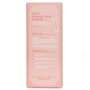 The back of a pink rectangular product box with printed text, photographed on a clean white background.