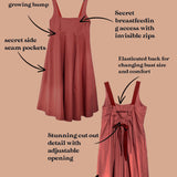 Two views of a dusty rose pink sleeveless baby dress with text callouts detailing its features like side seam pockets, empire line bust, and cut-out back, set against a solid tan background.