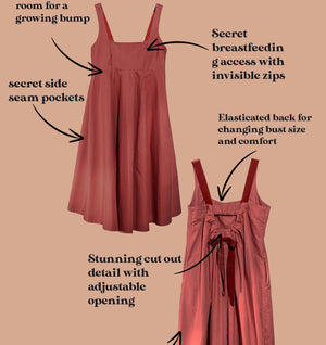 Two views of a dusty rose pink sleeveless baby dress with text callouts detailing its features like side seam pockets, empire line bust, and cut-out back, set against a solid tan background.