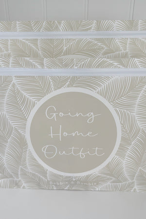 Hospital bag organiser pouches, beige leaf, a Going Home Outfit pouch in front of a larger pouch, both zips visible