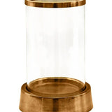 Palm Beach Hurricane Lantern, front view of the clear glass cylinder with a warm metallic rim and base, on white