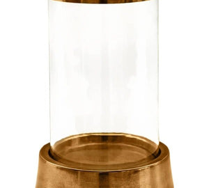 Palm Beach Hurricane Lantern, front view of the clear glass cylinder with a warm metallic rim and base, on white