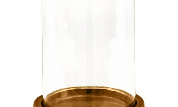 Palm Beach Hurricane Lantern, front view of the clear glass cylinder with a warm metallic rim and base, on white