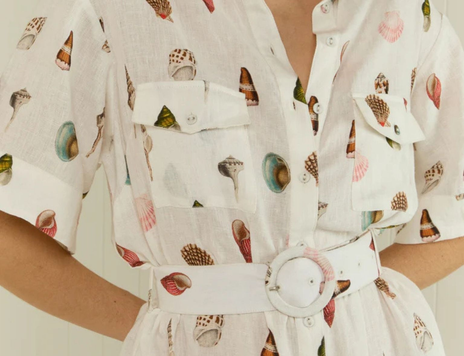 Model wearing Memento Dress in Sardinia Shells print by Palm Noosa 
