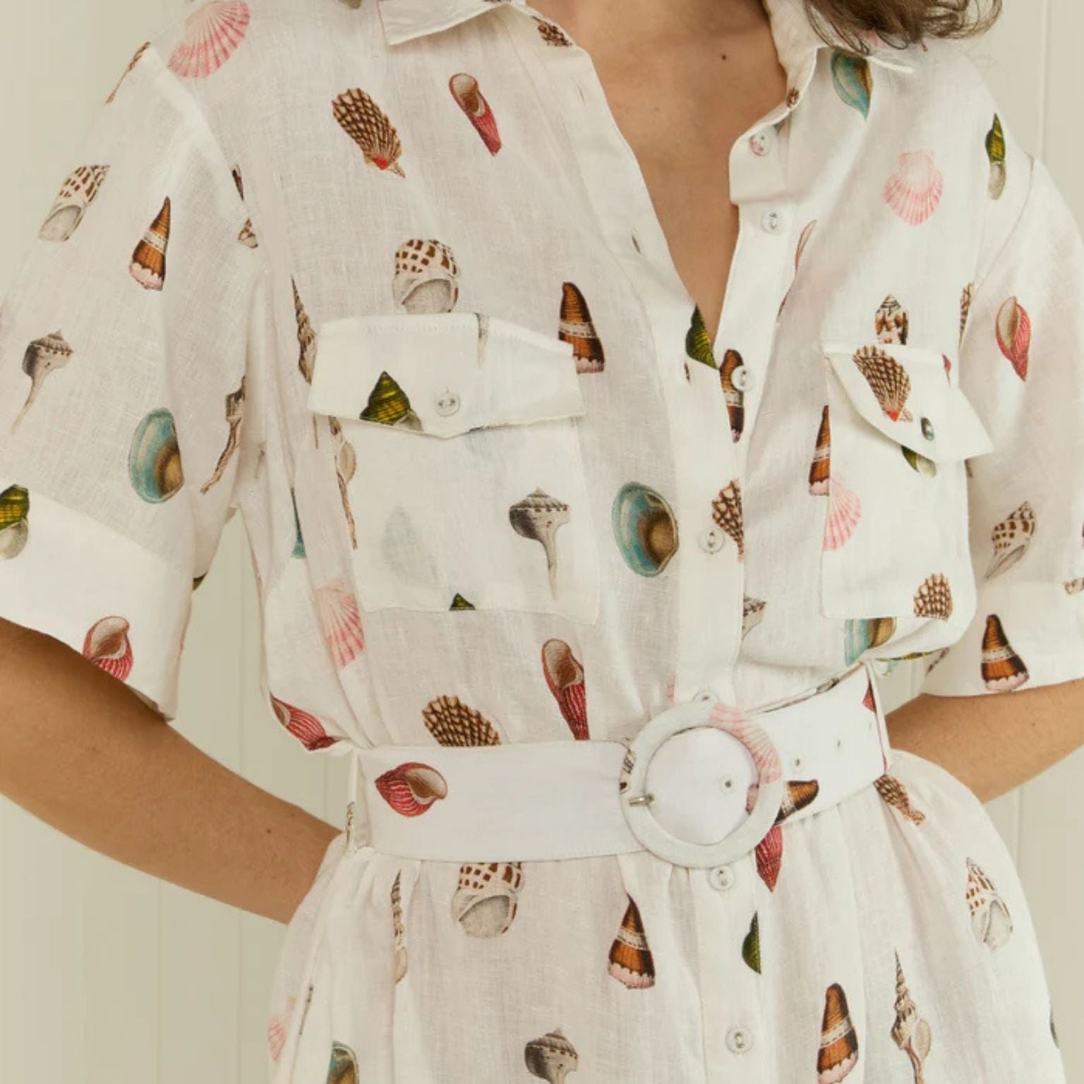 Model wearing Memento Dress in Sardinia Shells print by Palm Noosa 