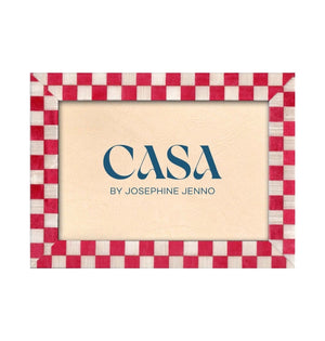 Classic Red Checked Photo Frame 7x5, front view in landscape with a red and cream checked border on white