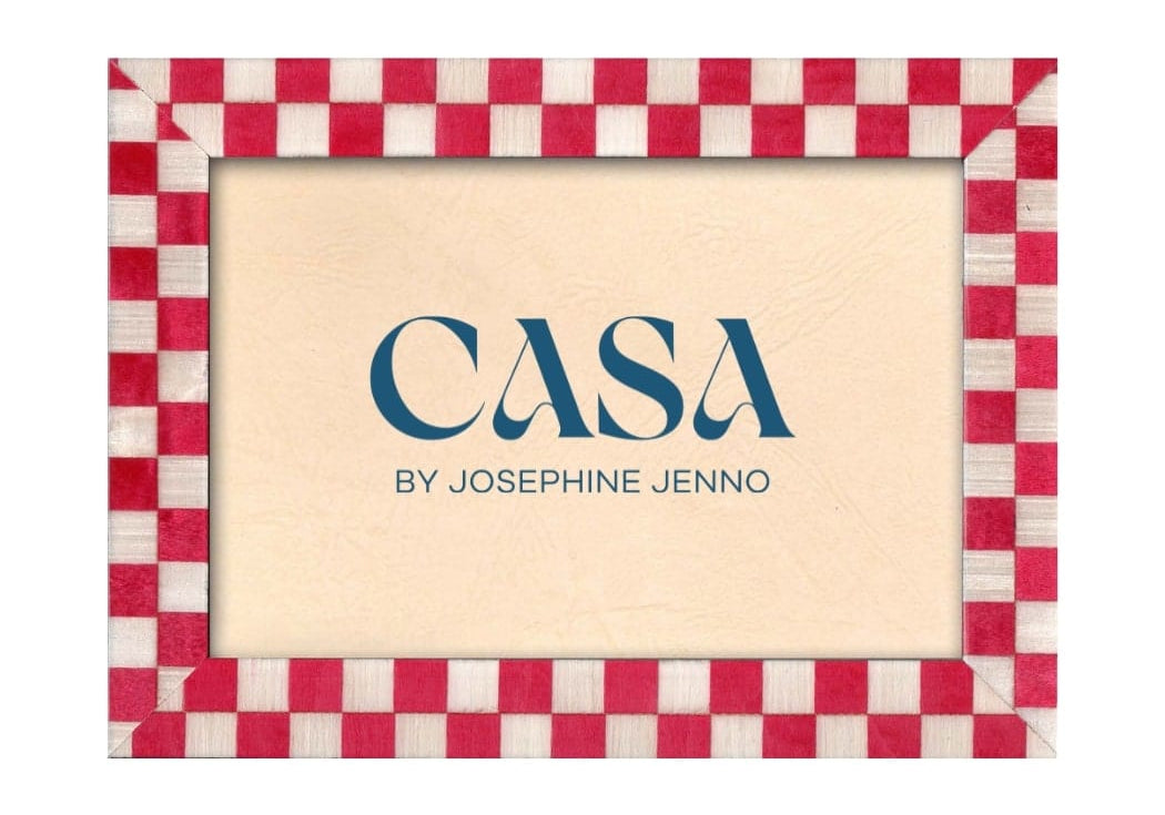 Classic Red Checked Photo Frame 7x5, front view in landscape with a red and cream checked border on white
