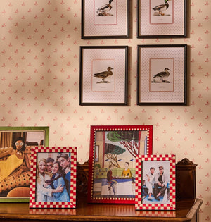 Classic Red Checked Photo Frame 7x5 displayed with other frames on a carved wooden table below framed duck prints