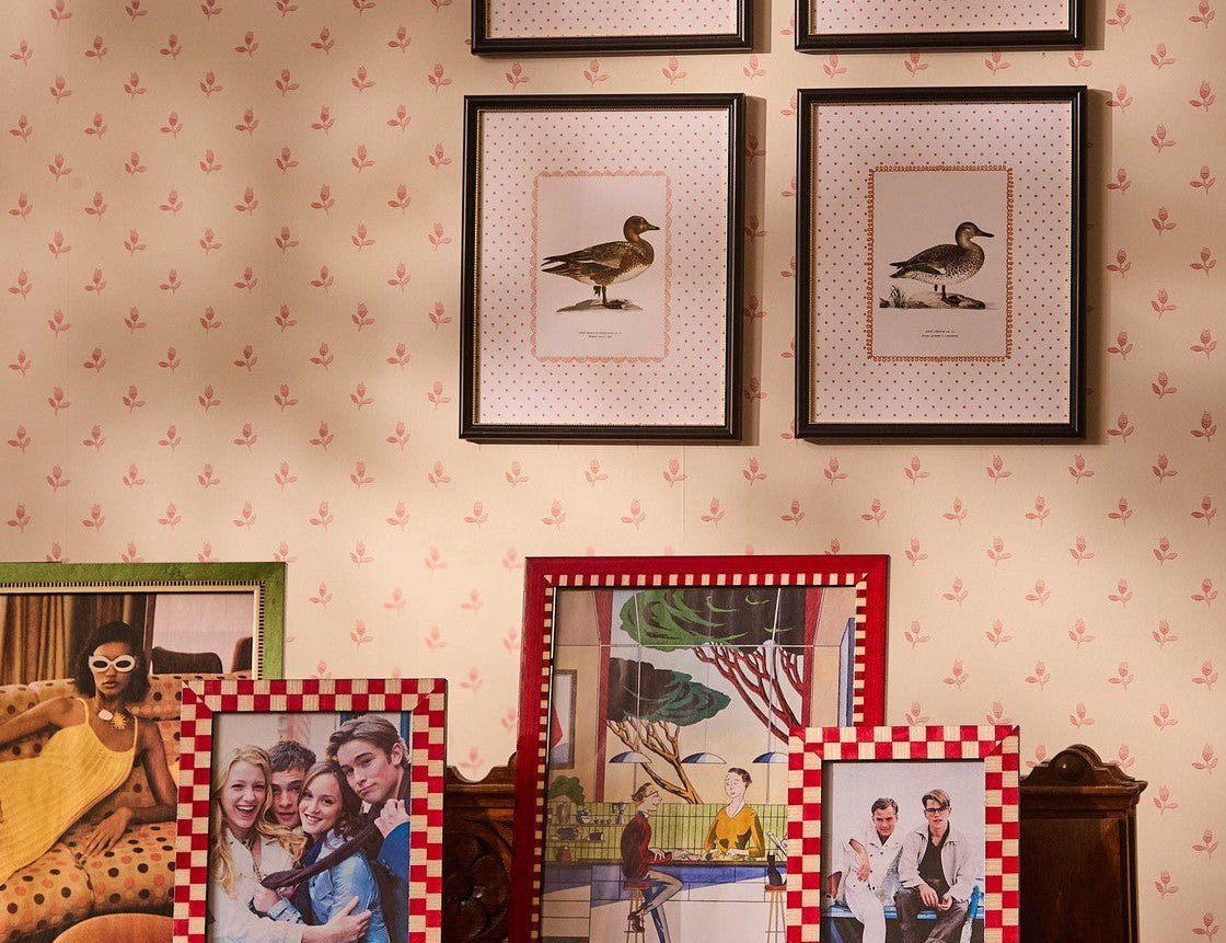 Classic Red Checked Photo Frame 7x5 displayed with other frames on a carved wooden table below framed duck prints