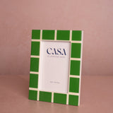 Mia Emerald Mosaic Photo Frame 6x4 angled view, with a chunky green and cream block border and a 4x6 inch card