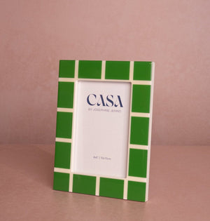 Mia Emerald Mosaic Photo Frame 6x4 angled view, with a chunky green and cream block border and a 4x6 inch card