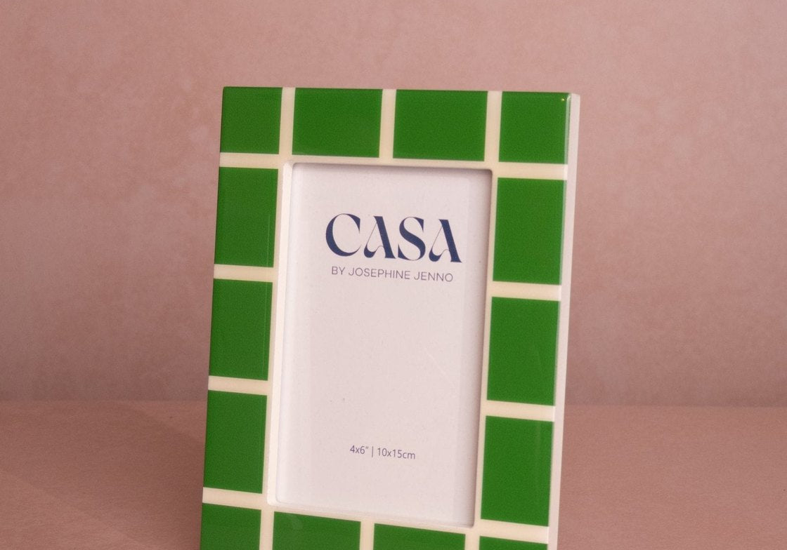 Mia Emerald Mosaic Photo Frame 6x4 angled view, with a chunky green and cream block border and a 4x6 inch card