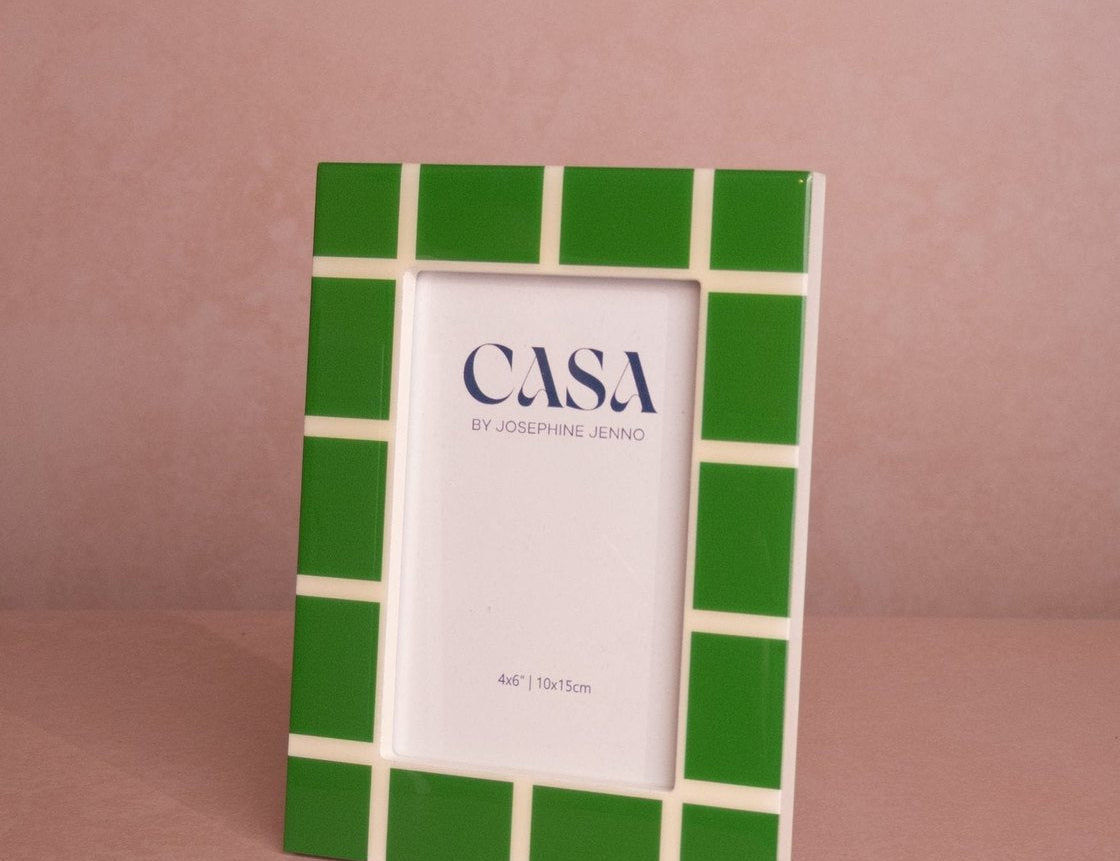 Mia Emerald Mosaic Photo Frame 6x4 angled view, with a chunky green and cream block border and a 4x6 inch card