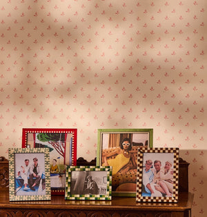 Rustic Brown Checked Photo Frame 7x5 displayed on a carved wooden table alongside red, green and wood-effect frames