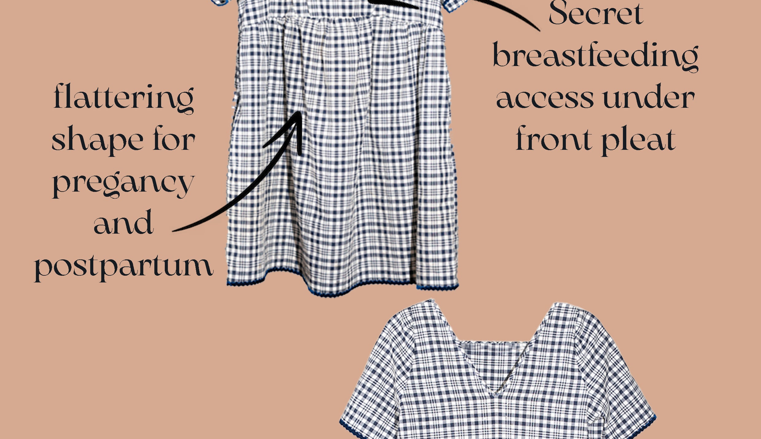 A product infographic for 'The Poppy Dress' on a solid tan background. The dress is shown in two views: a top view highlighting its 'Secret breastfeeding access under front pleat' and a side view highlighting its 'Side seam pockets'.