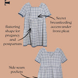 A product infographic for 'The Poppy Dress' on a solid tan background. The dress is shown in two views: a top view highlighting its 'Secret breastfeeding access under front pleat' and a side view highlighting its 'Side seam pockets'.
