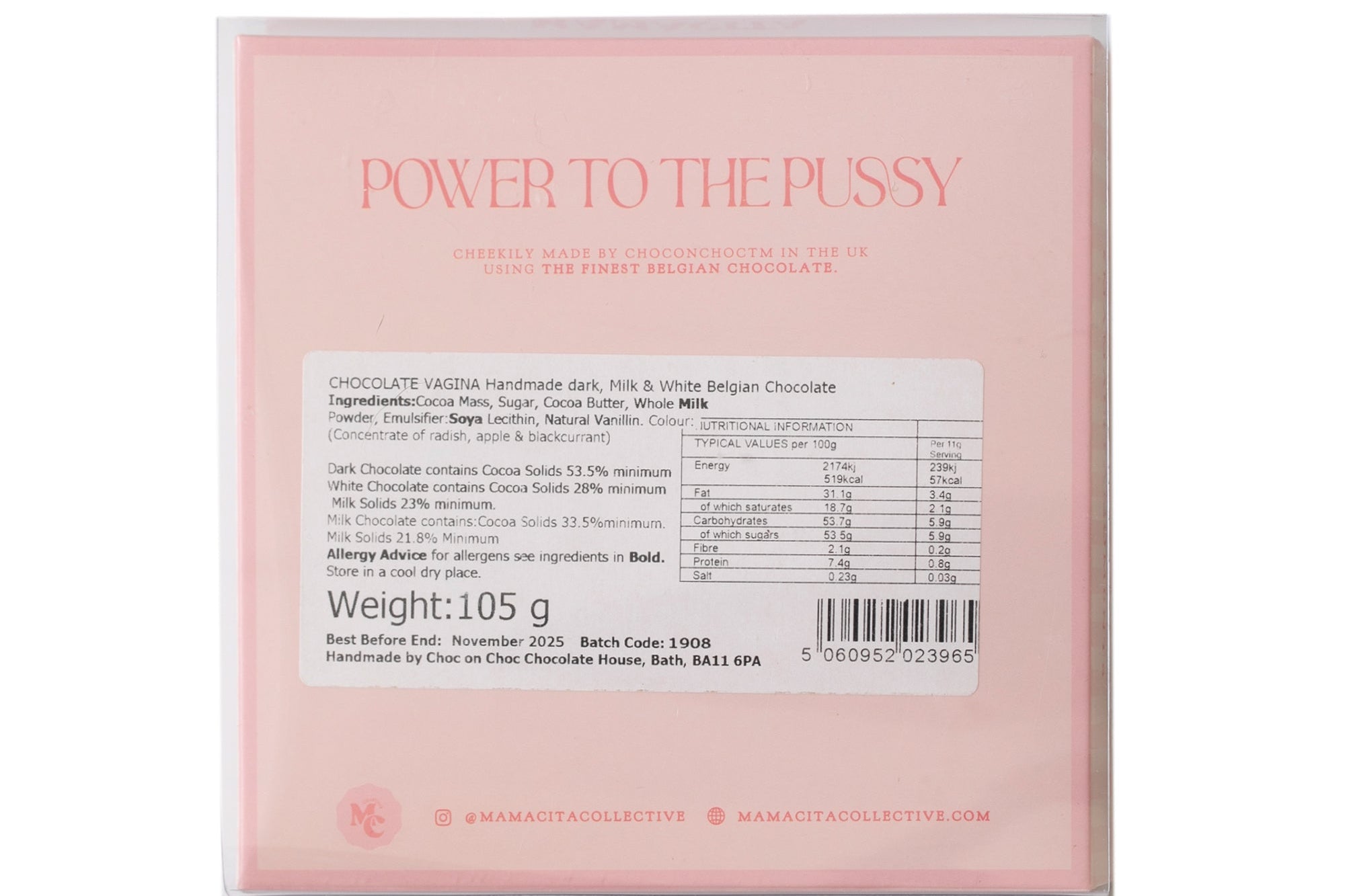 A square pink package of 'Power to the Pussy' chocolate from Bruges Chocolate Company, featuring a white nutrition label on the front against a white background.