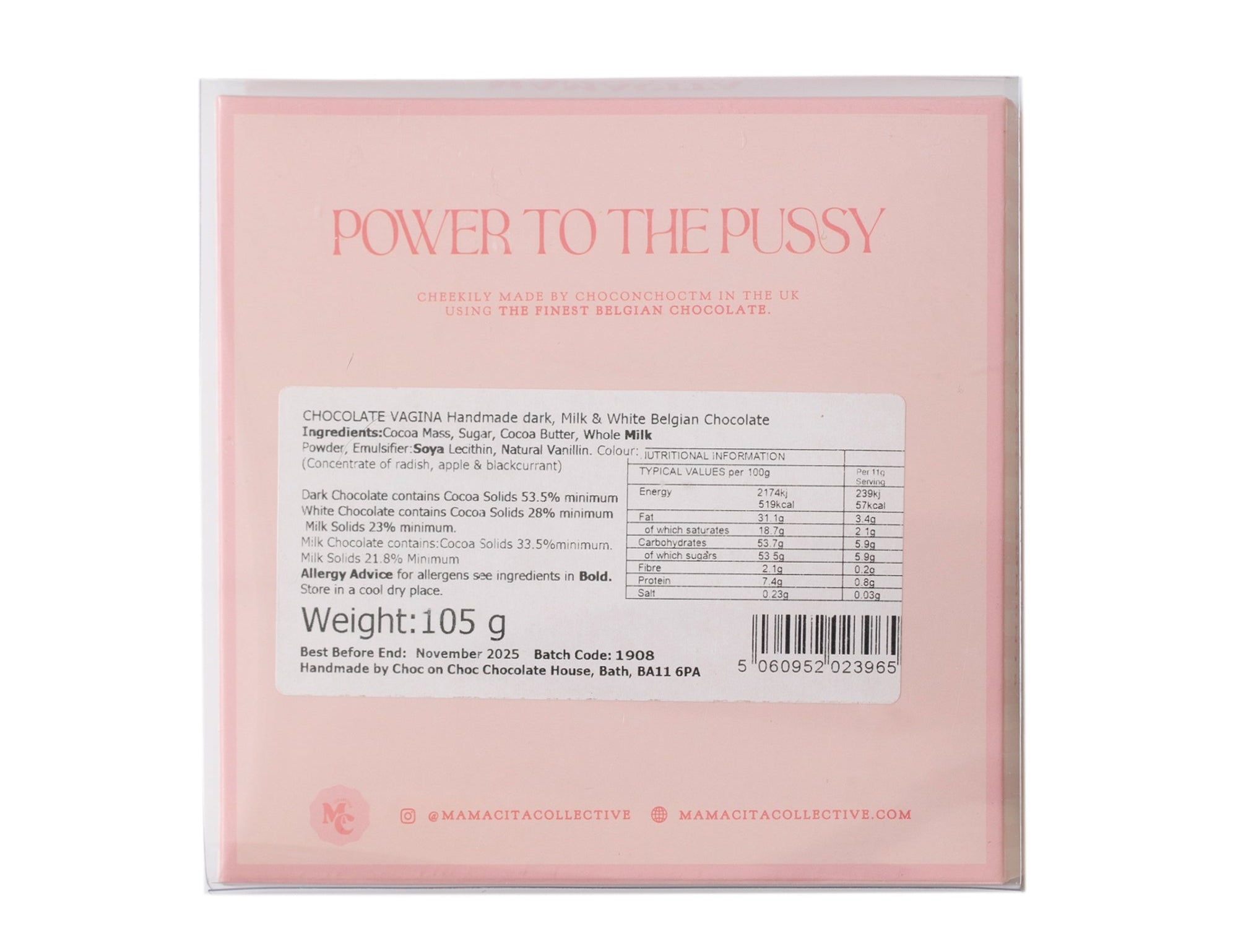A square pink package of 'Power to the Pussy' chocolate from Bruges Chocolate Company, featuring a white nutrition label on the front against a white background.