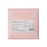 A square pink package of 'Power to the Pussy' chocolate from Bruges Chocolate Company, featuring a white nutrition label on the front against a white background.