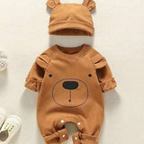 Bear Patch Romper and Hat Set knitted baby outfit by Cozy Crew Club