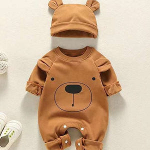 Bear Patch Romper and Hat Set knitted baby outfit by Cozy Crew Club