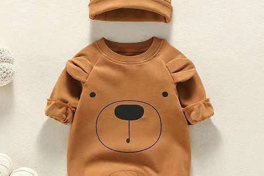 Bear Patch Romper and Hat Set knitted baby outfit by Cozy Crew Club