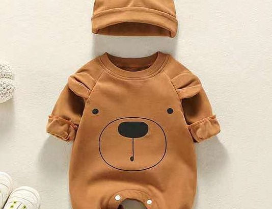 Bear Patch Romper and Hat Set knitted baby outfit by Cozy Crew Club