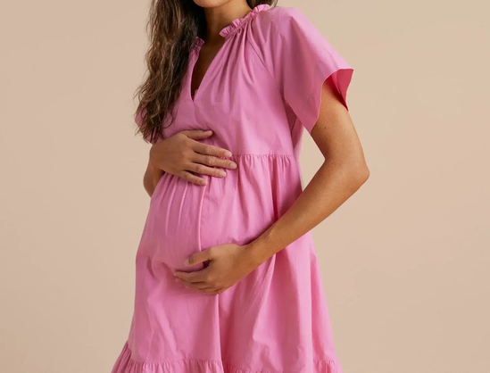 mini pink maternity dress Pink Textured Bubble Sleeve Maternity Mini Dress