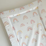 Standard Changing Mat Beau Rainbow Print close-up of the rainbow and heart pattern and the raised foam edges